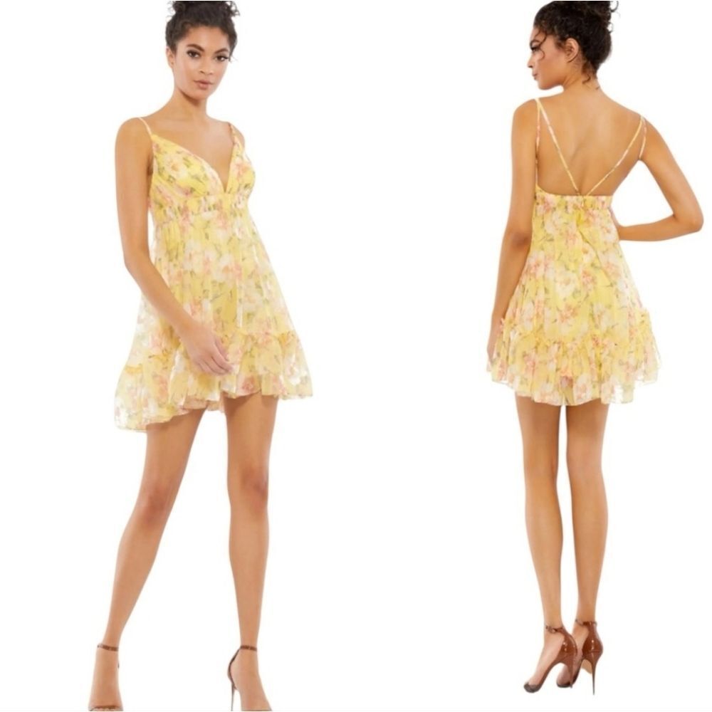 Mac Duggal 70240 Strappy Back Yellow Floral Dress NWT SIZE 8 RETAIL $278